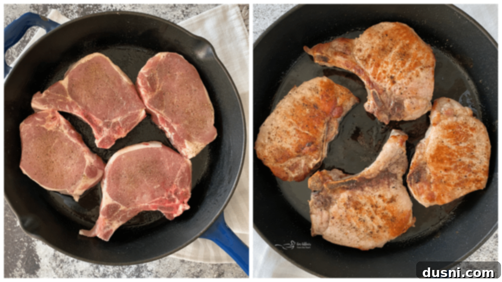 Baked Pork Chops and Stuffing Searing searing pork chops in skillet