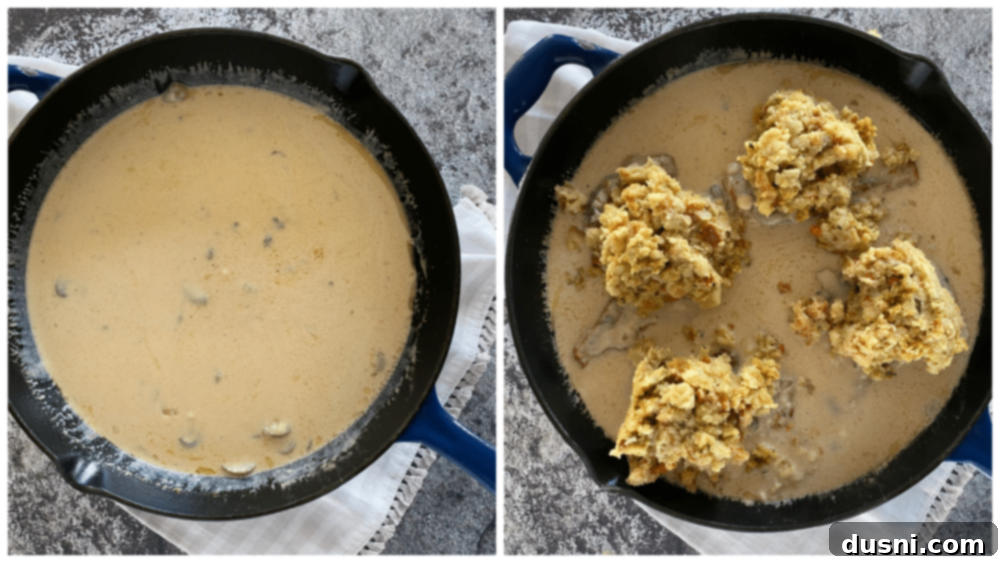 Baked Pork Chops with Stuffing in the Oven making gravy in the oven with mushrooms and adding pork chops with stuffing on top
