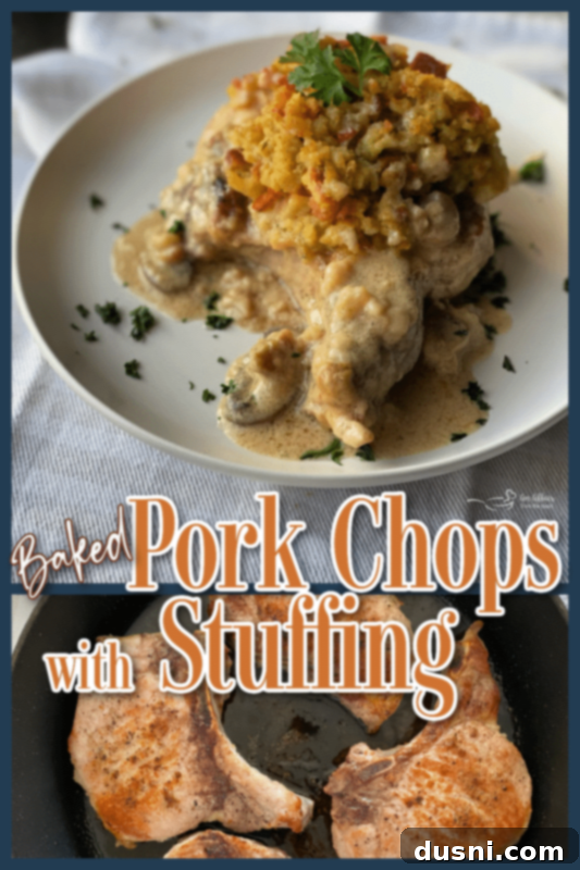Pork Chops and Dressing plate of baked pork chops with stuffing and gravy above image of seared pork chops in skillet