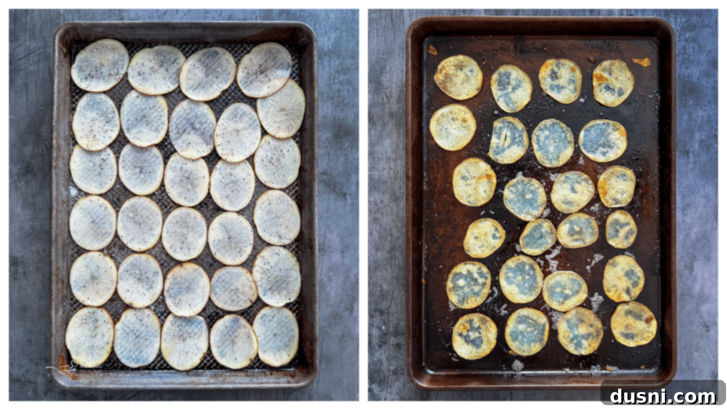 Oven-Fresh Potato Crisps 8 Potato slices arranged on a baking sheet