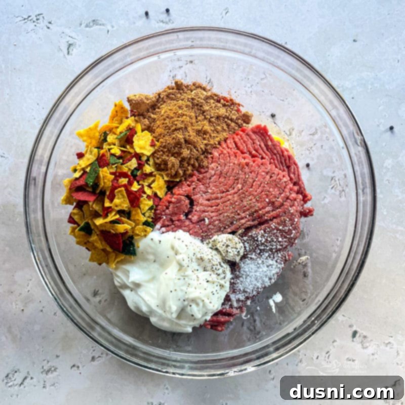 Meatloaf ingredients in a mixing bowl