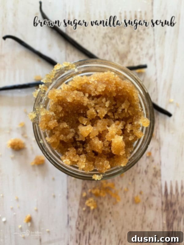 Brown Sugar Vanilla Sugar Scrub in a small jar with a ribbon