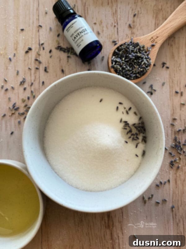 Close-up of Lavender Sugar Scrub texture with buds