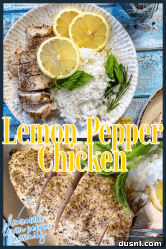 A Pinterest-style collage featuring two images of baked lemon pepper chicken with lemons, rice, and herbs, promoting the recipe.