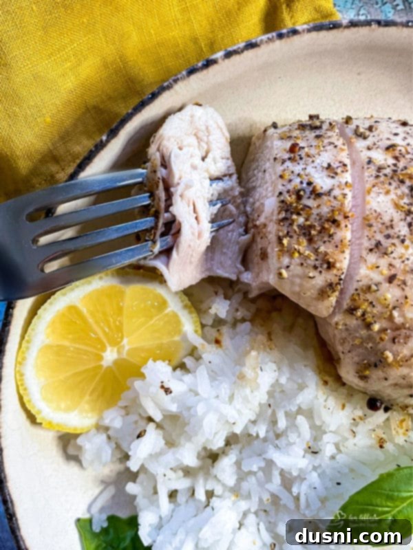 A single plate featuring lemon pepper chicken, a fork, fresh lemon slices, and rice with basil, ready for a delicious meal.