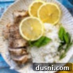A beautifully presented lemon pepper chicken breast with rice, garnished with lemon and herbs, ready to eat.