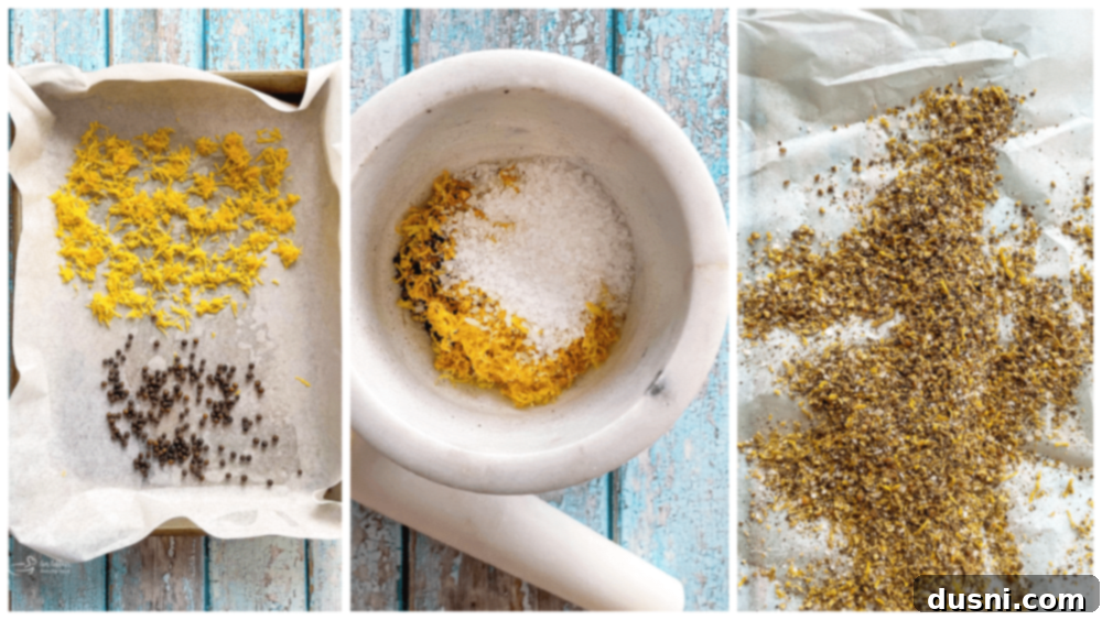 Before and after stages of homemade lemon pepper seasoning, showing fresh zest and peppercorns on a baking sheet, then the finished blended spice mix.