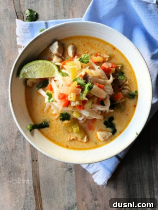 A bowl of Thai Chicken Noodle Soup, steaming and ready to eat, garnished with fresh cilantro and lime.