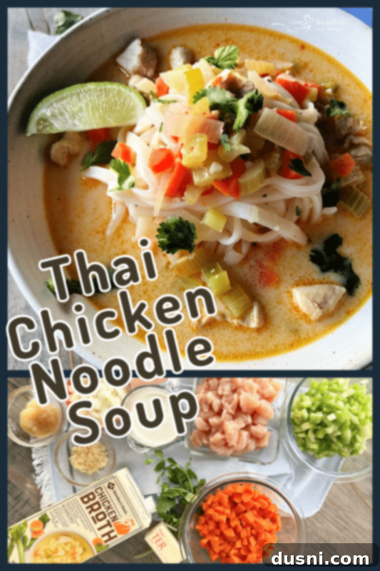 A close-up shot of Thai Chicken Noodle Soup in a beautifully styled bowl, highlighting its vibrant colors and inviting texture.