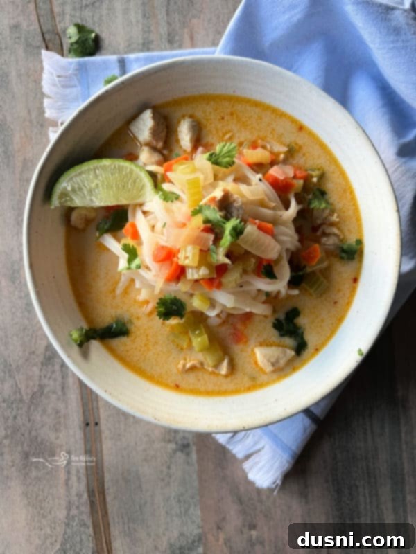 One perfect bowl of Thai chicken noodle soup, garnished with a fresh lime wedge and cilantro, ready for a delicious meal.