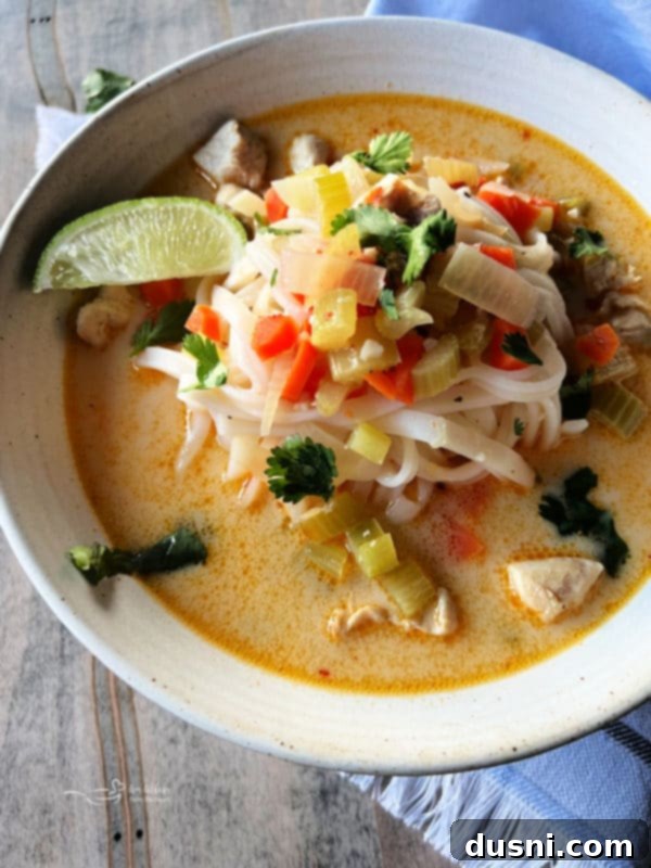 White bowl filled with vibrant Thai chicken noodle soup, showcasing silky noodles, tender chicken, and colorful vegetables.