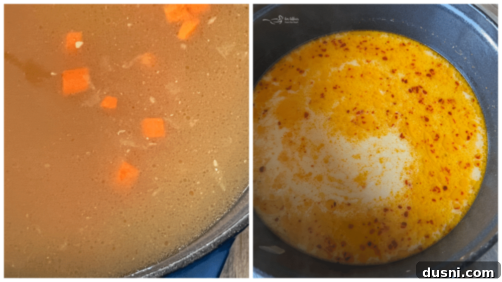 A pot of simmering broth with red curry paste, ginger, and red pepper flakes, ready to be covered and infuse flavors.