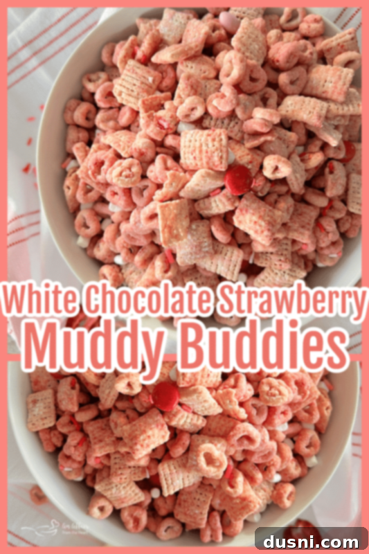 Strawberry White Chocolate Cereal Crunch 10 Two images of completed puppy chow in bowls with descriptive text overlays, emphasizing its deliciousness for Valentine's Day.