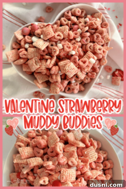 Strawberry White Chocolate Cereal Crunch 14 Two images of puppy chow with text overlays, emphasizing it as an easy and delicious Valentine's Day snack.