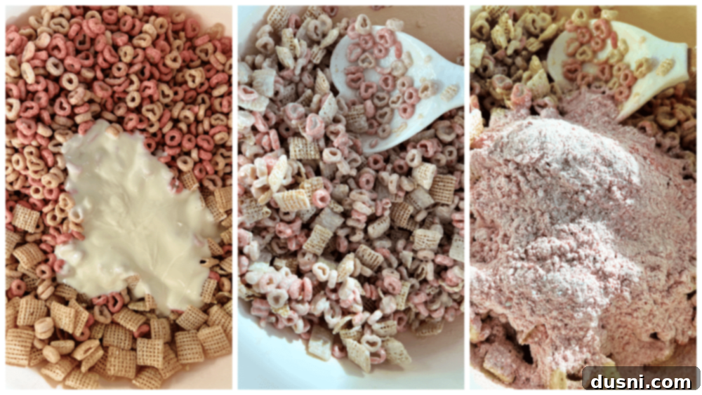 Strawberry Chex Mix Process of coating cereal: pouring white chocolate, stirring, then adding strawberry powdered sugar and shaking to coat.