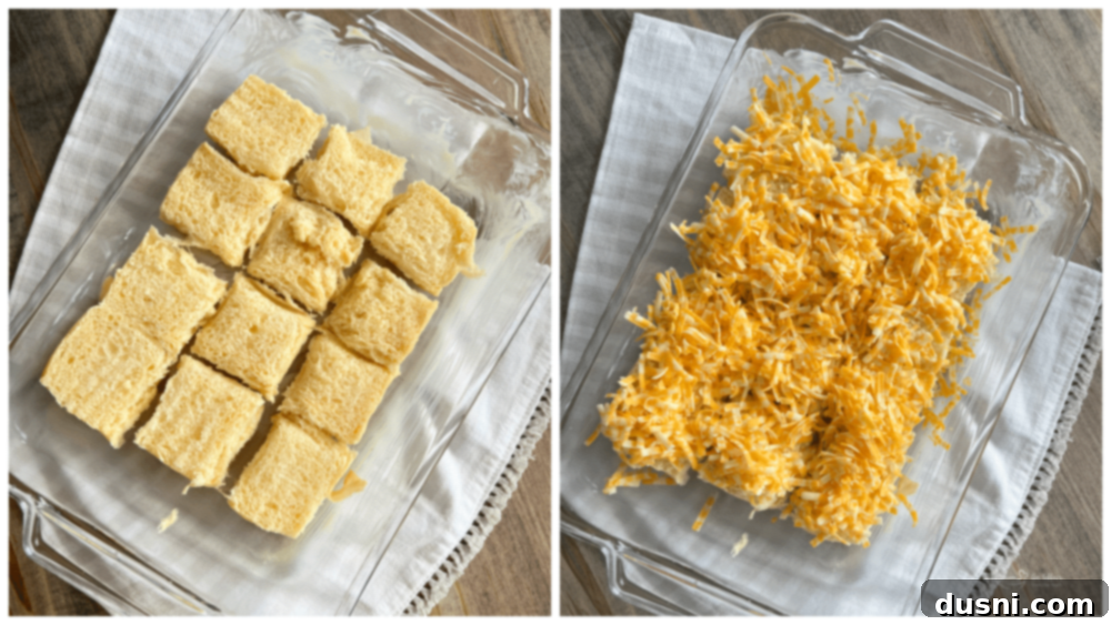 Sunrise Sliders 10 Detailed step-by-step layering of egg sliders with cheese and Hawaiian rolls in a baking dish.