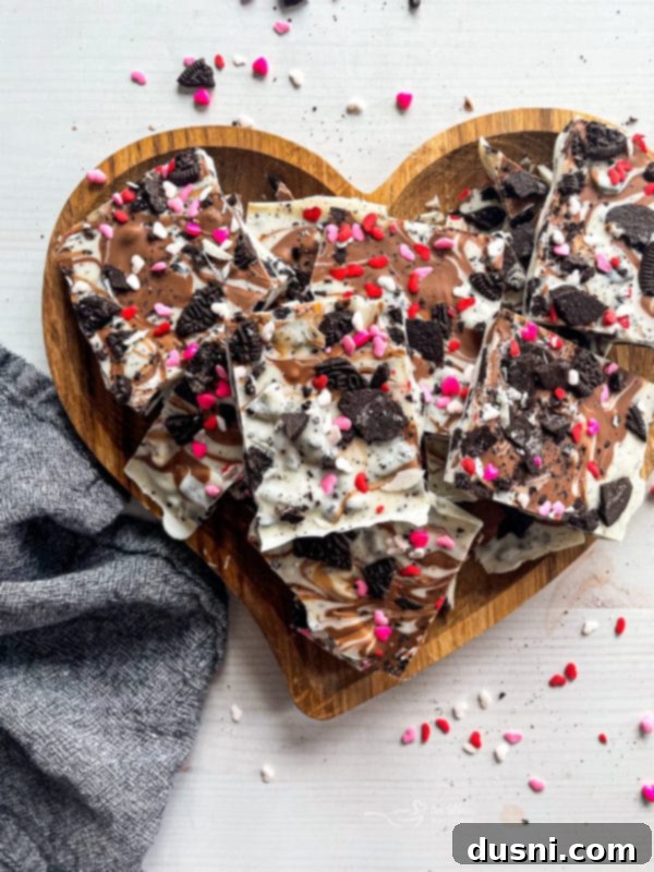 Oreo Bark Recipe heart-shaped dish with Oreo bark