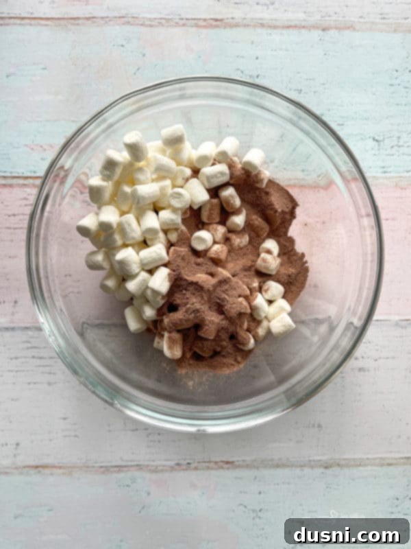 mix hot cocoa powder and mini marshmallows