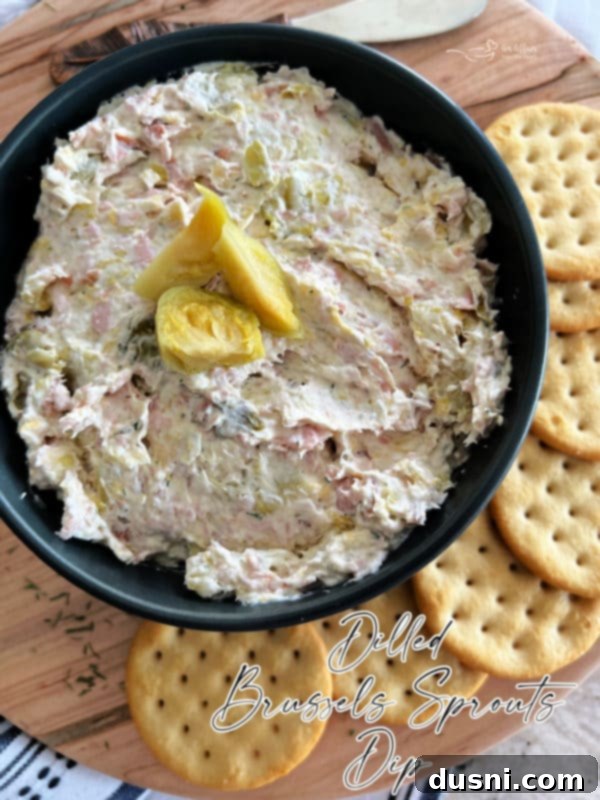 Creamy Dill & Brussels Sprout Dip 17 Final presentation of Dilled Brussels Sprouts Dip with a signature logo