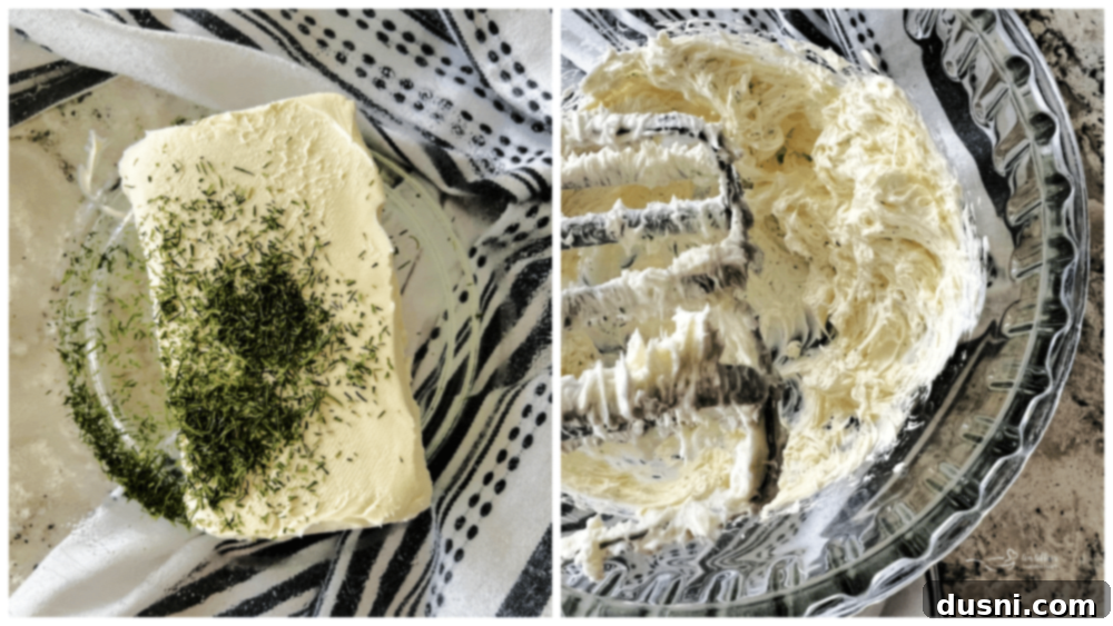 Creamy Dill & Brussels Sprout Dip 8 Mixing bowl with softened cream cheese and fresh dill