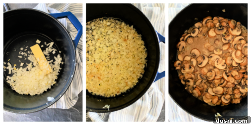 Velvet Mushroom Dream 5 Step-by-step graphic showing the process of making homemade cream of mushroom soup.