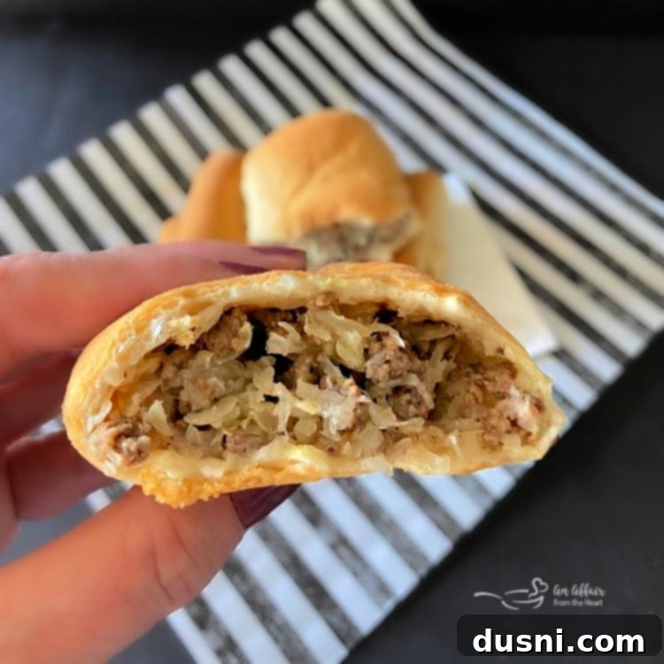 Homemade Runza photo showing the delicious inside filling of meat and cabbage