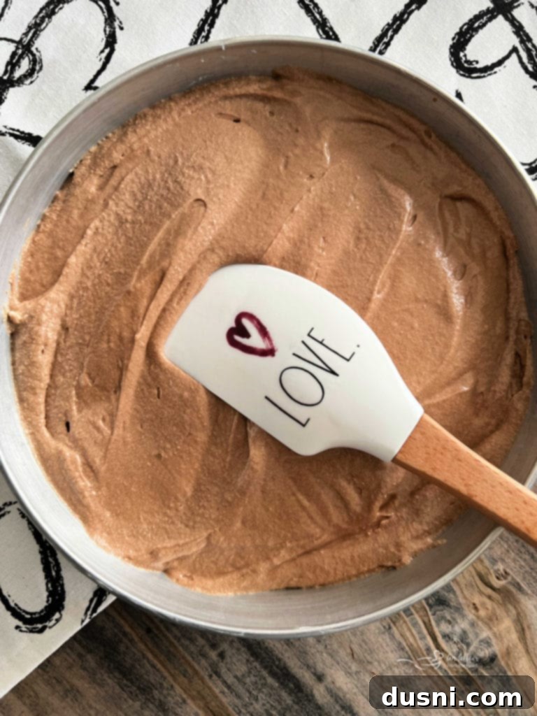 spreading chocolate cake batter in pan with rubber spatula