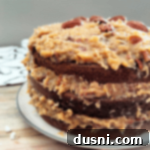 German chocolate cake with coconut pecan frosting layers