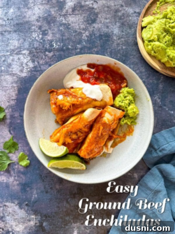 Quick & Easy Ground Beef Enchiladas 13 A large serving dish of freshly baked easy ground beef enchiladas, topped with vibrant cilantro and cheese.
