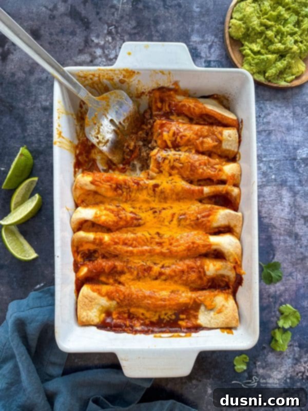 Quick & Easy Ground Beef Enchiladas 3 Overhead view of a tray of freshly baked ground beef enchiladas, golden and bubbly with melted cheese.