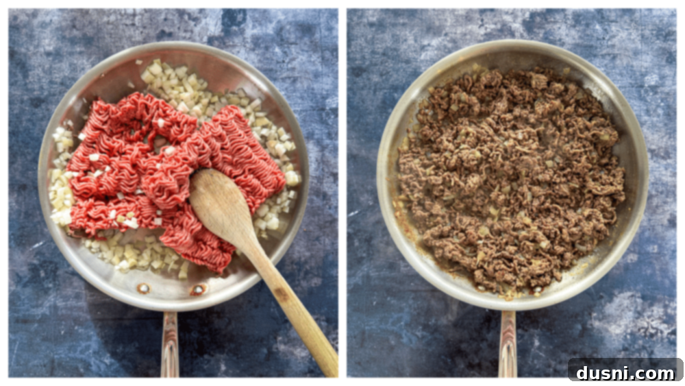 Quick & Easy Ground Beef Enchiladas 6 Step-by-step image: Browning ground beef and chopped onion in a large skillet.