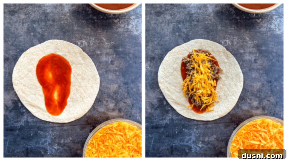 Quick & Easy Ground Beef Enchiladas 7 Step-by-step image: Spreading enchilada sauce on a tortilla before adding beef and cheese.