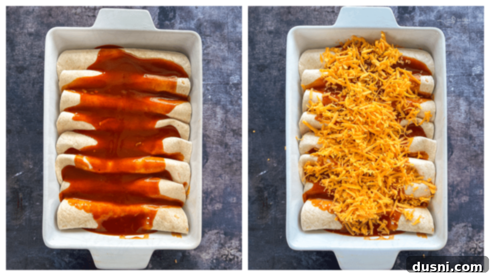 Quick & Easy Ground Beef Enchiladas 8 Step-by-step image: Adding shredded cheddar cheese on top of the beef and sauce in a tortilla.