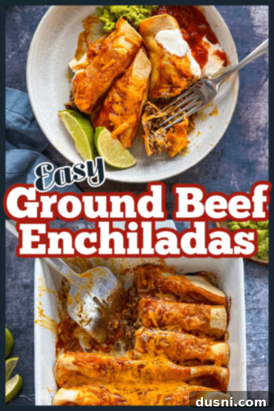 Quick & Easy Ground Beef Enchiladas 10 A close-up shot of a plate with two cheesy enchiladas, ready to be enjoyed.