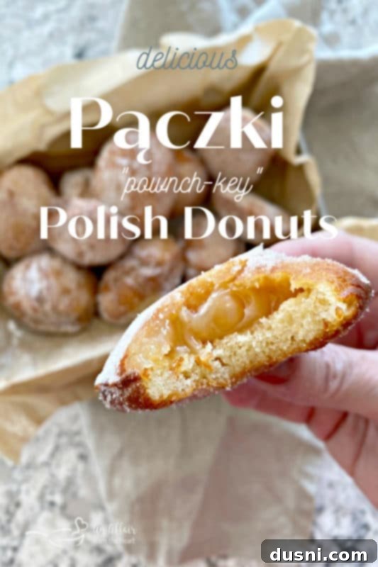 Pinterest image with text "delicious, Pączki - Polish Donuts" showing a plate of powdered sugar donuts.