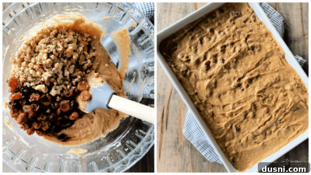 The batter for Raisin Spice Bars, showing the texture and readiness for baking.