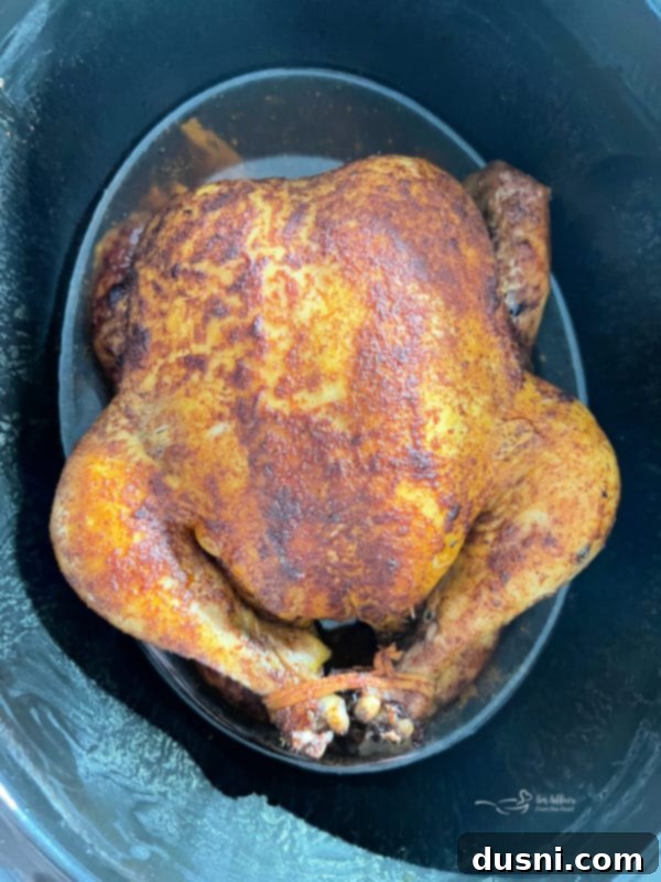 Cooked whole chicken in a slow cooker, ready to be removed