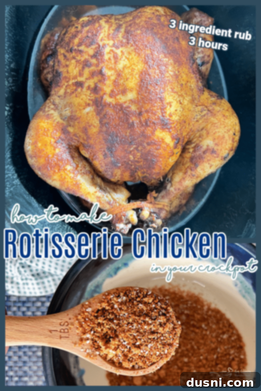 Slow Cooker Rotisserie Chicken on a cutting board, partially carved