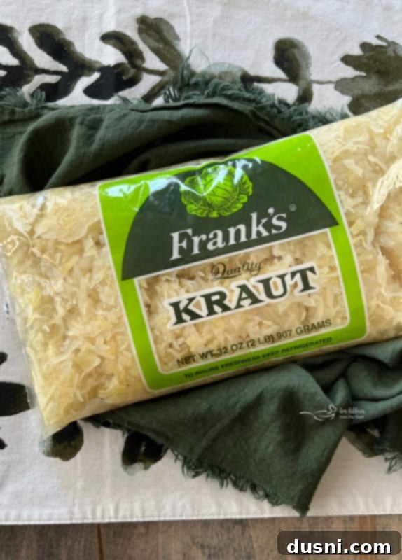Frank's Kraut two-pound poly bag, showcasing the packaging of the sauerkraut.
