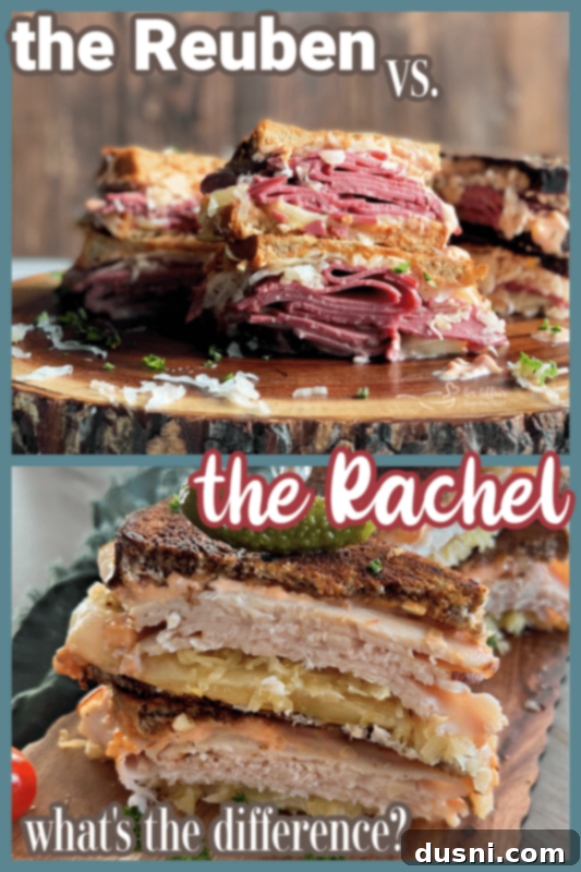A visual comparison image: A classic Reuben sandwich with corned beef is contrasted with a Turkey Rachel sandwich, highlighting the different meats used.