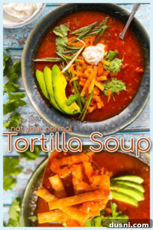 A steaming bowl of traditional tortilla soup, inviting and comforting.