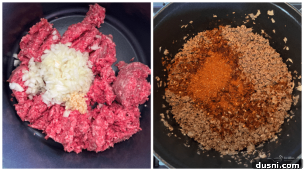 Fiesta Taco Soup 7 Add taco seasoning to the browned ground beef in the pot for Taco Soup.