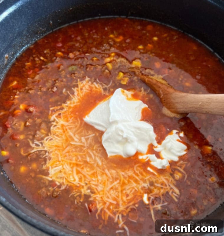 Fiesta Taco Soup 9 Stir in sour cream and half of the cheese into Taco Soup before serving.