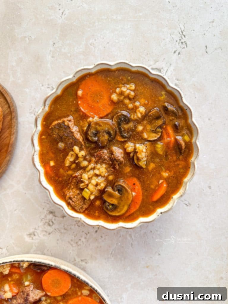 Hearty Beef and Mushroom Barley Soup 11 A large pot of simmering Vegetable Beef Barley Soup on the stovetop.