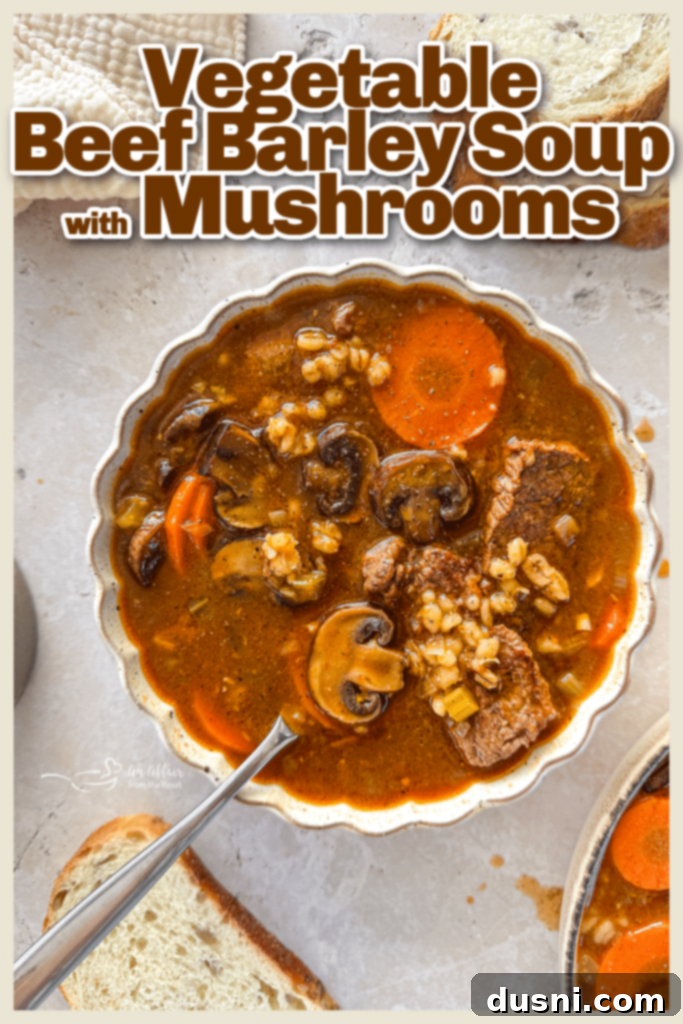 Hearty Beef and Mushroom Barley Soup 14 A bowl of Vegetable Beef Barley Soup with Mushrooms, ready for serving with a spoon.