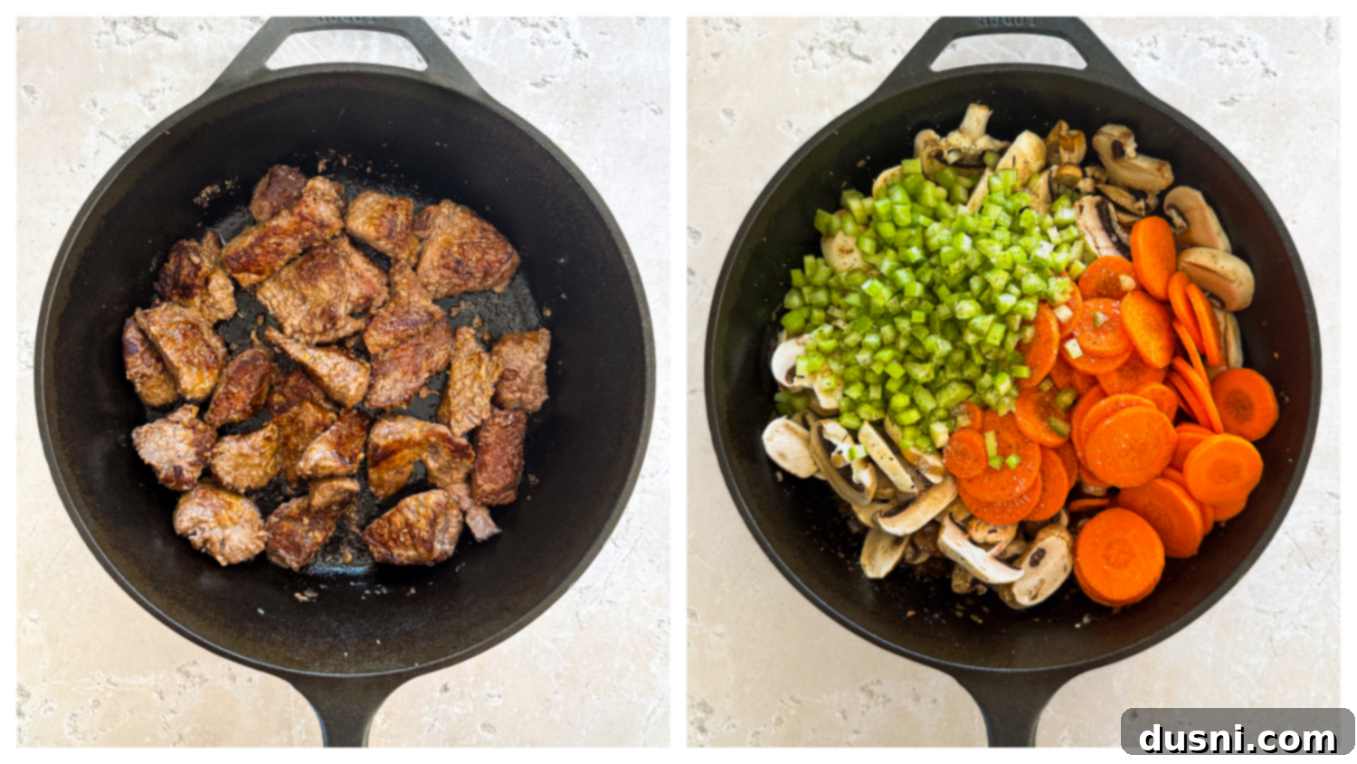 Hearty Beef and Mushroom Barley Soup 9 Coated beef stew meat in a bowl, ready for browning for Vegetable Beef Barley Soup.
