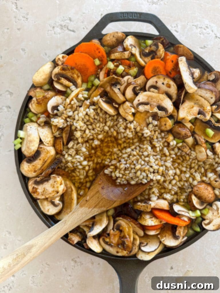Hearty Beef and Mushroom Barley Soup 10 Adding broth and vegetables to the stockpot for Vegetable Beef Barley Soup.