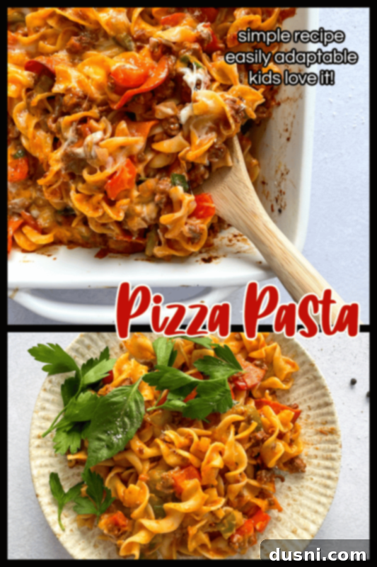Pizza Pasta Casserole, hero shot with text overlay