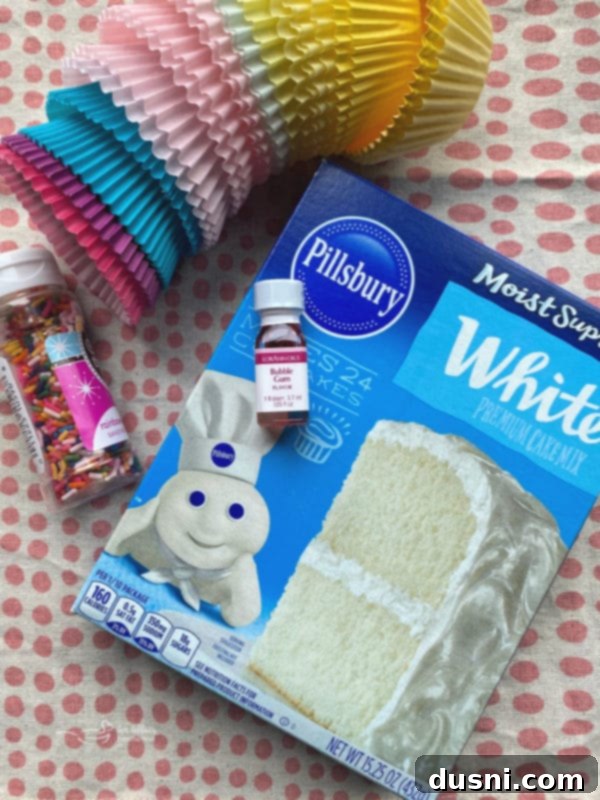 A tray of freshly baked bubblegum cupcakes