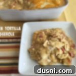 Chicken Tortilla Casserole on a white plate with text "chicken tortilla casserole"